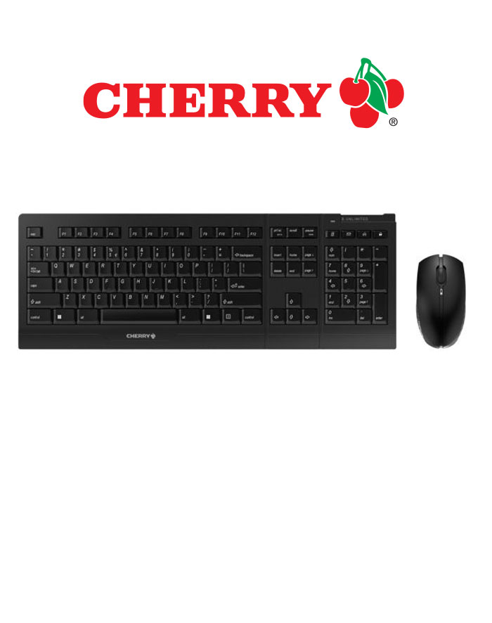 Cherry teclado B. UNLIMITED 3.0 Combo Teclado y Mouse Inalambrico Encriptado 128 bit AES 105 Teclas 4 Teclas de Acceso Rapido Espanol Negro Baterias Recargables por Cable USB Incluido FRONTE